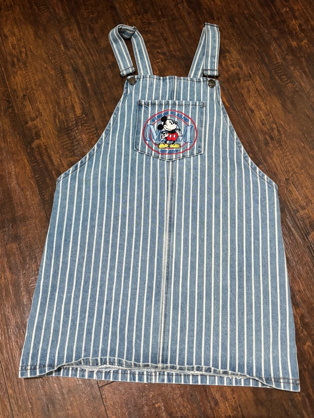 Vintage Disney Striped Denim Overall Dress with Mickey Chest Patch - M